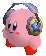 Kirby met een koptelefoon op.
